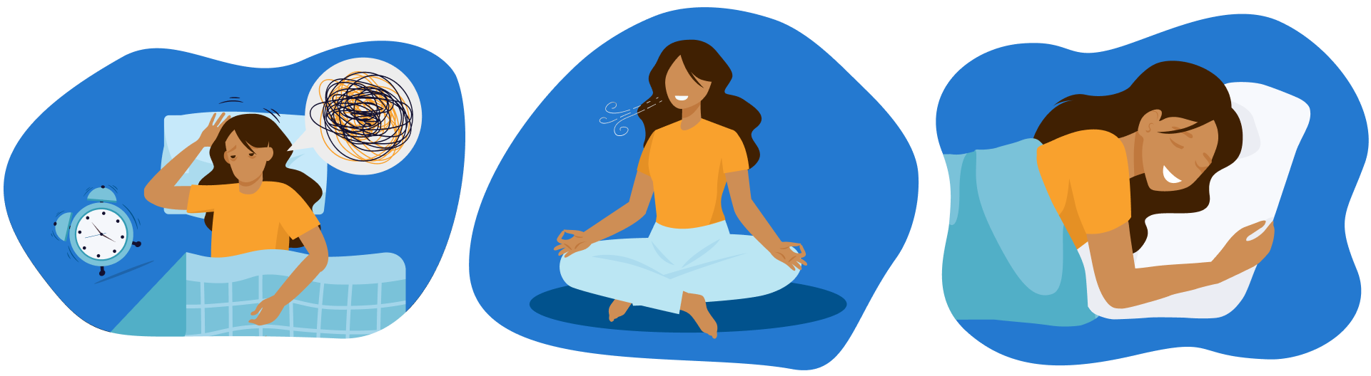 Desenho composto por 3 quadros: uma mulher deitada na cama ao lado de um relógio e com pensamentos confusos, a mulher meditando e a mulher dormindo sorrindo.